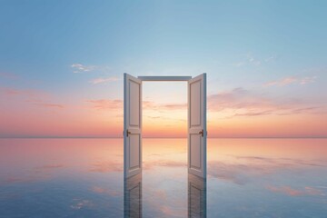 AI illustration of wooden doors with a beautiful ocean view at sunset