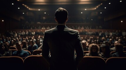 A rear view of a motivational speaker who is standing on a stage in front of an audience. Motivational speech at a conference or business event - obrazy, fototapety, plakaty