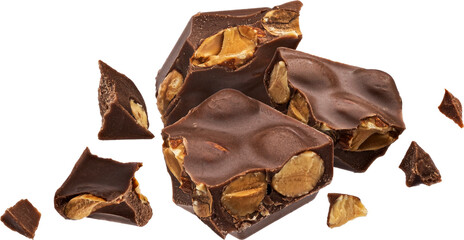 Dark chocolate chunks with almond, broken chocolate with nuts isolated