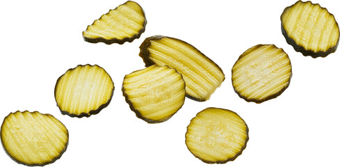 Pickled and marinated zucchini slices isolated - obrazy, fototapety, plakaty