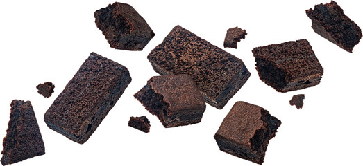 Flying chocolate brownie isolated, full depth of field