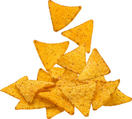 Spicy corn chips, falling hot mexican nachos isolated