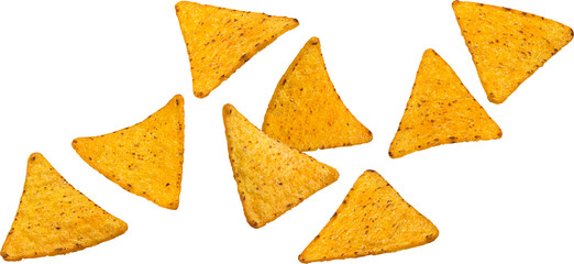 Falling corn chips, hot mexican nachos isolated 