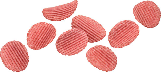 Falling red ridged beetroot chips isolated