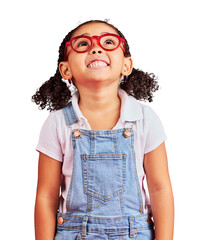 Looking up, girl and fashion glasses with a smile, health and optometry frames isolated on a...