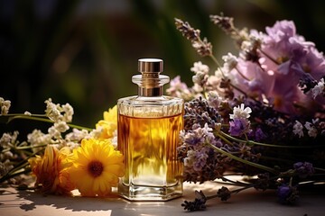Obraz na płótnie Canvas Perfume bottle with fresh lavender flowers on wooden table. Generative Ai