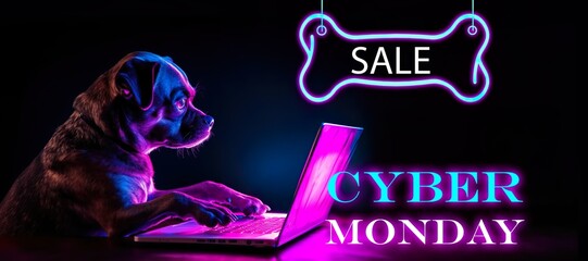 Dog with Laptop, Bone. black friday and cyber monday sale concept. Seasonal shopping sales Animals Food - obrazy, fototapety, plakaty