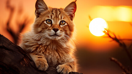 Obraz premium Cat at Beautiful Orange Sunset, Reflecting the Wild Nature of Africa, Ideal for Nature-themed Designs and Artistic Displays