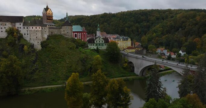 Aerial View medieval castle Loket Czech Republic during Sunset