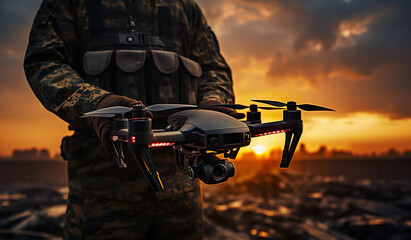 Mercenary launches Reconnaissance drone. Modern technological methods of reconnaissance and warfare.