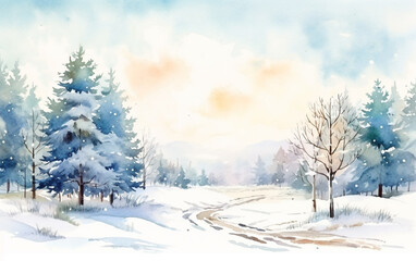 Winter watercolor forest illustration