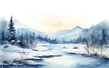 Obraz premium Winter watercolor forest illustration with river