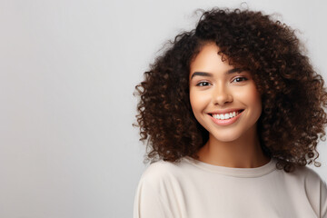 Generative AI illustration of young girl with curly hairdress beaming smiling over background - obrazy, fototapety, plakaty