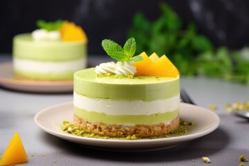 Green tea cheesecake with mint and peaches on a white plate. Generative Ai