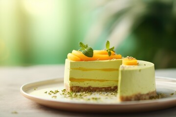 Plate with delicious cheesecake with mint on table, closeup. Generative Ai