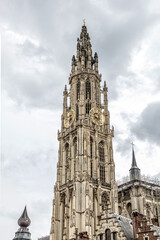 bottom view of the gothic Cathedral of Our Lady in Antwerp