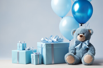 Happy birthday design with Blue Bear, gift box , balloon, Cute Blue Bear on Blue background