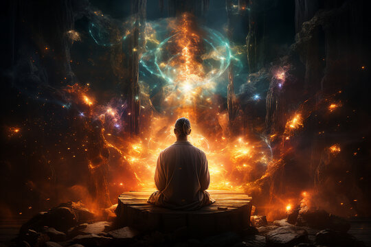 Generative AI picture of young calm peaceful person meditating looking at a beautiful fantastic cosmic view - Powered by Adobe