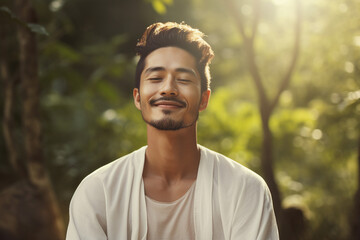 Mindfulness concept young asian man practicing meditation close with nature indian forest Generative AI - obrazy, fototapety, plakaty