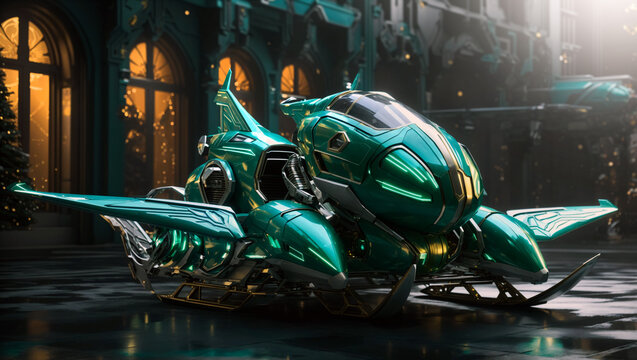 Santa Claus modern Cyber Punk-style antigravity electric-powered sleigh parked in front of the entrance to the house. Illustration.Digital painting.Generative AI.