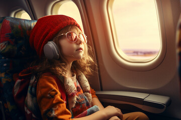 Little kid sitting inside plane first flight dreamy face looking illuminator Generative AI