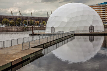 ball-shaped pavilion on the embankment - obrazy, fototapety, plakaty