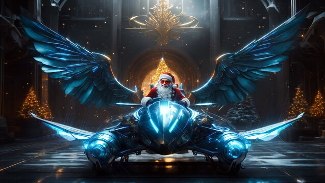 Santa Claus poses in his modern Cyber Punk-style electric-powered sleigh. Illustration.Digital painting.Generative AI.