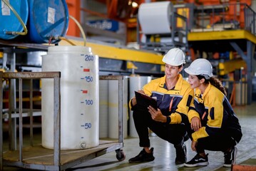 young engineer assistant in helmet inspection check heavy machine construction installation in industrial metal roof roll sheet factory. colleague friend worker point finger check operation factory