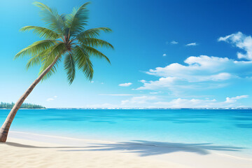 tropical beach view at sunny day with white sand, turquoise water and palm tree. Neural network generated image. Not based on any actual scene or pattern. - obrazy, fototapety, plakaty