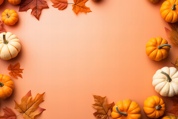 Naklejka na ściany i meble Thanksgiving flatlay with pumpkins and maple leaves on a pastel orange background, border frame, earth tones