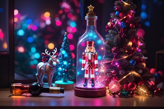 A Glass Christmas Wine Bottle Nutcracker In A Bottle Neon Light And Dreamy Christmas Celebration Banner