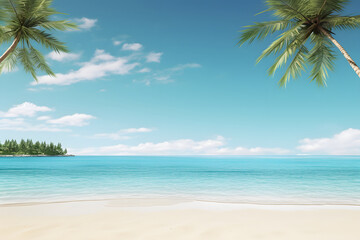 tropical beach view at sunny day with white sand, turquoise water and palm tree. Neural network generated image. Not based on any actual scene or pattern.
