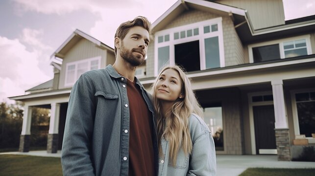 A happy young couple in front of their new house. A couple buying a new house. Buying real estate and the rise in real estate prices.