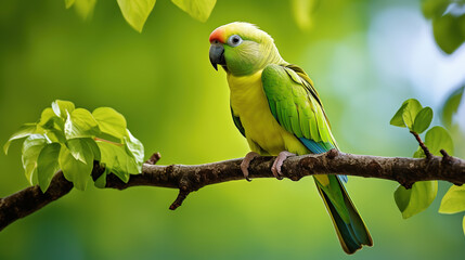 Ring-necked parakeet sits on a branch, nature photo - obrazy, fototapety, plakaty