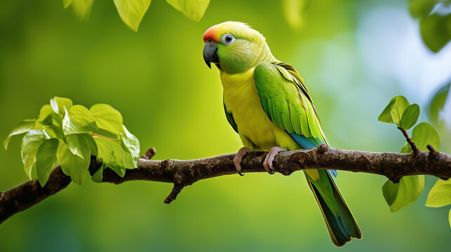 Fototapeta Ring-necked parakeet sits on a branch, nature photo