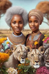 Fotobehang Portrait of two Afrikaner women posing for a photo with young lions against the backdrop of the Afrikan savannah. Illustration. Digital painting. Generative AI. © stockcrafter