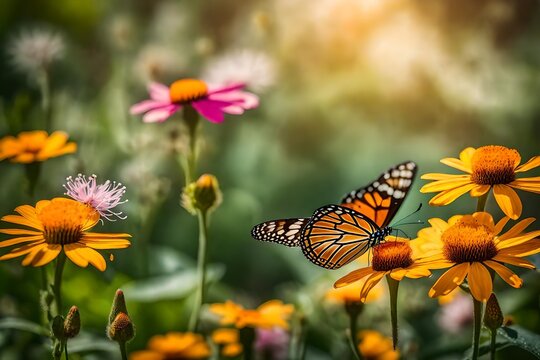 Photograph a garden alive with butterflies flitting among the flowers, aiming to portray their delicate beauty in a way that echoes the softness of watercolor art