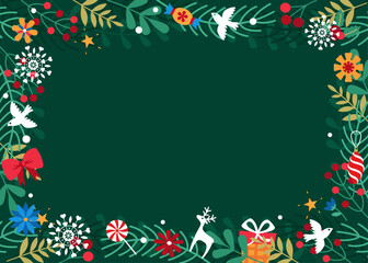 Frame of fir branches, leaves and berries, doves, gifts, deer, sweets, flowers in vector. Flat style.
