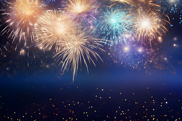 Fototapeta premium abstract gold, black and blue glitter background with fireworks. christmas eve, 4th of july holiday concept