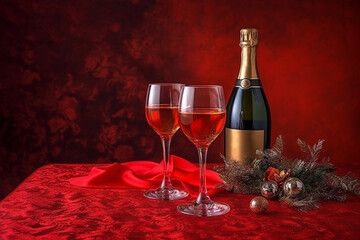 Christmas champagne on red tablecloth
