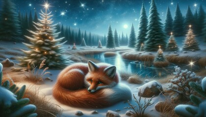 Magical Christmas fox, curled up in a snowy glade, tail wrapped around for warmth. Frozen pond reflecting stars, pine trees dusted with snow. - obrazy, fototapety, plakaty