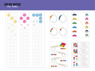 Fototapeta na wymiar Children activities worksheet. Printable simple shape and color match logic task for preschool. Logic tasks for children