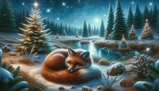 Magical Christmas fox, curled up in a snowy glade, tail wrapped around for warmth. Frozen pond reflecting stars, pine trees dusted with snow.