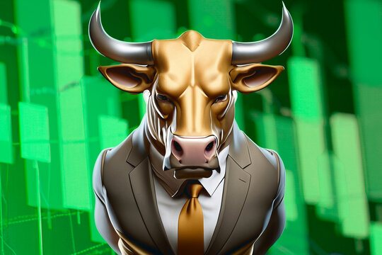A bullish bull on a stock market chart, going up