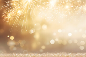 Fototapeta na wymiar abstract gold glitter background with fireworks. christmas eve, new year and 4th of july holiday concept.