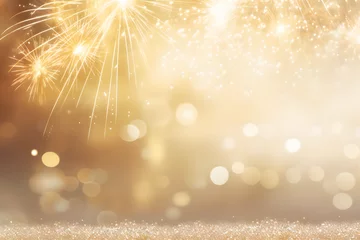 Fotobehang abstract gold glitter background with fireworks. christmas eve, new year and 4th of july holiday concept. © Prasanth