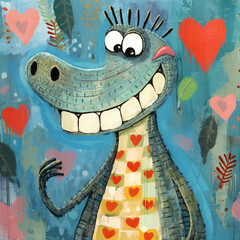 a cartoon of a cute crocodile in love