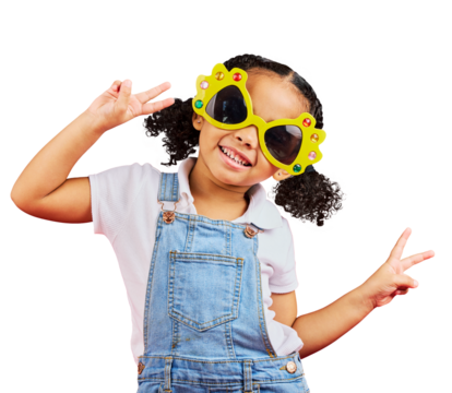 Peace, girl in sunglasses and kid with funny fashion, clothes and happiness on isolated, transparent or png background. Portrait, mockup and female child with fun glasses, eyewear and creative style