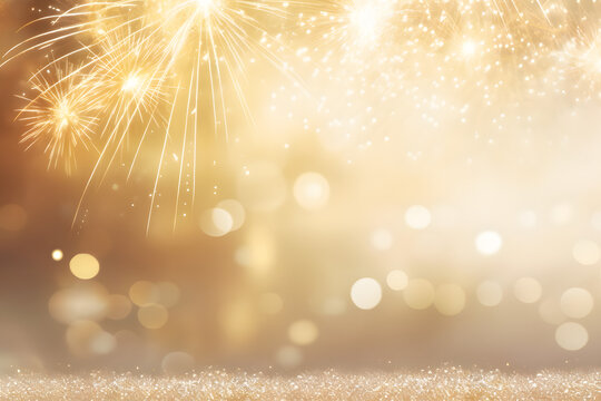 abstract gold glitter background with fireworks. christmas eve, new year and 4th of july holiday concept.