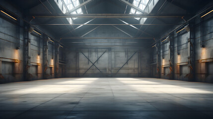 Empty warehouse interior, illustrated in 3D,